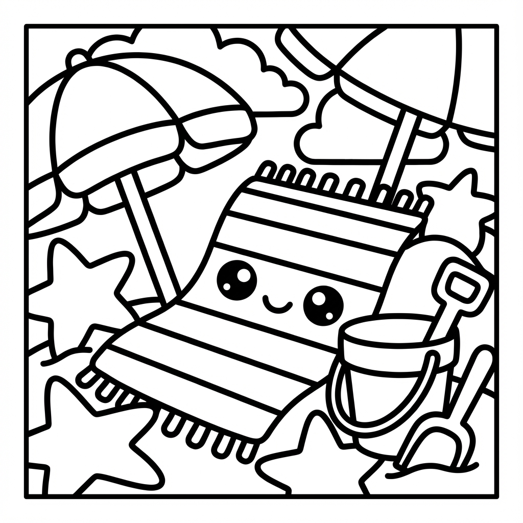 Smiling beach towel under umbrellas, ideal for easy color-in pages wide lines and thick line coloring pages.